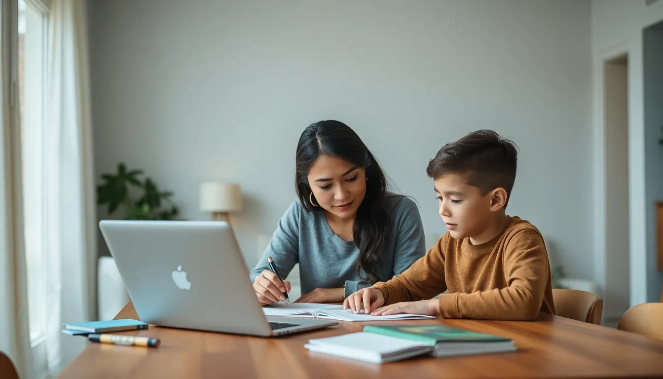 a solo parent helping her son with homework at a dining table.