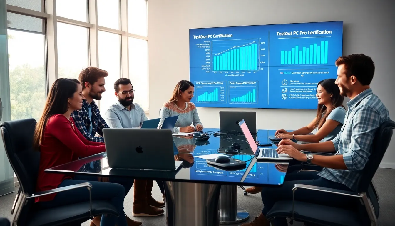 IT professionals collaborating over laptop discussions in a modern office.