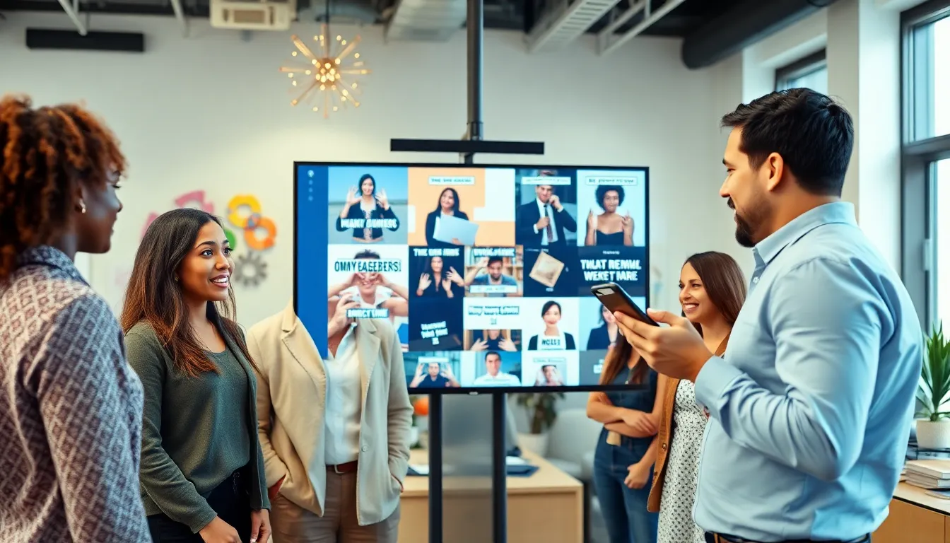 diverse team reacting to memes in a bright office.