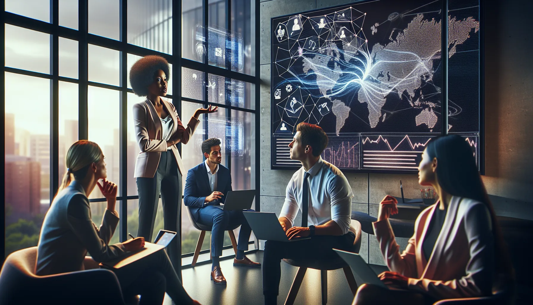 diverse professionals discussing technology in a modern office