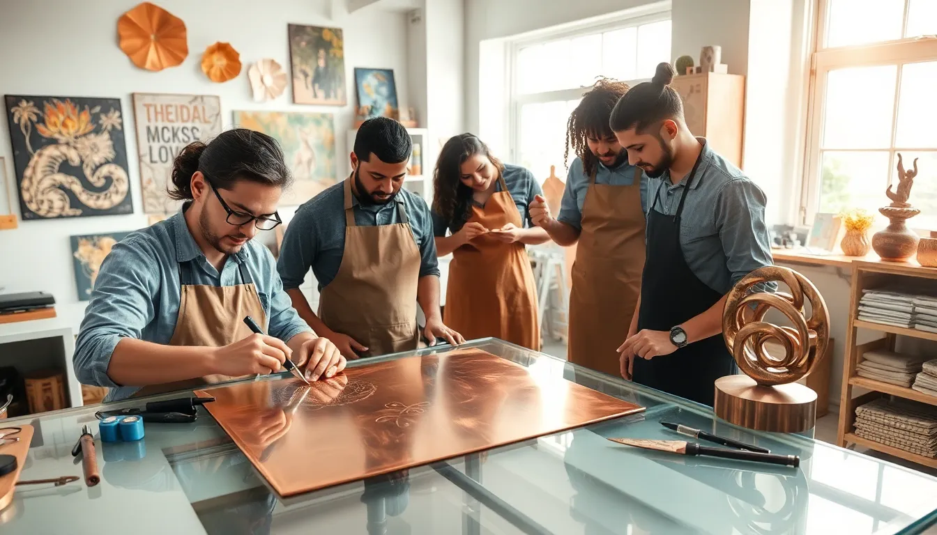 diverse artists working with copper in a modern studio.