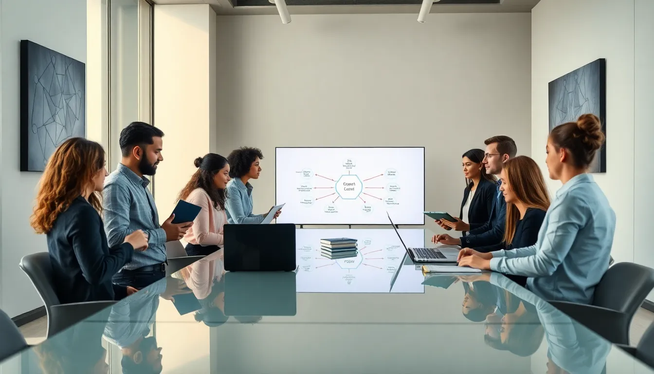 diverse team collaborating on a content creation framework in a modern office