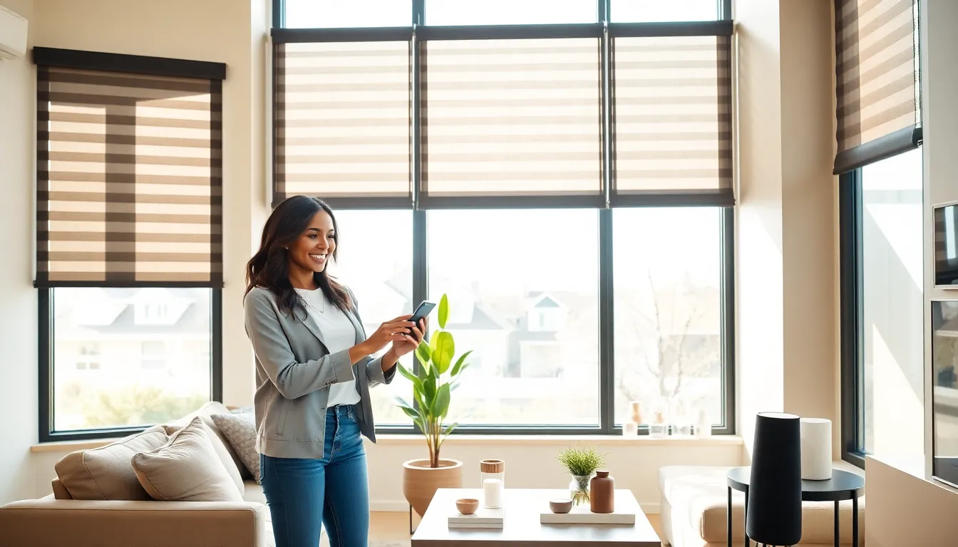 a woman controlling smart blinds in a modern living room.