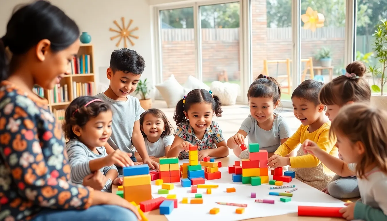 Children playing and learning in a colorful preschool classroom.