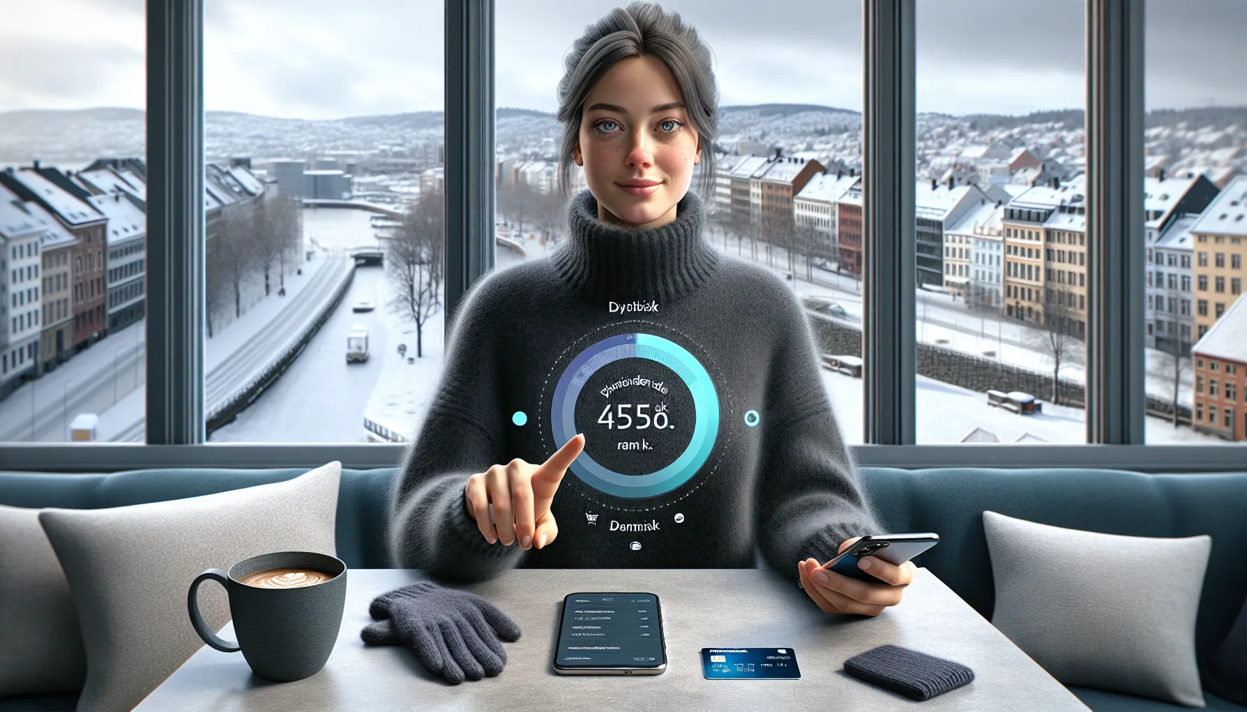 Slik fungerer kredittkort med dynamiske kredittgrenser 2 Norwegian woman checks dynamic credit limit update on phone in oslo café.
