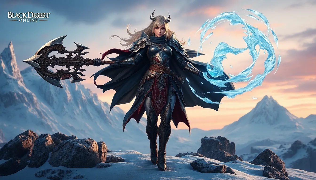 female guardian warrior wielding an axe in a snowy landscape.