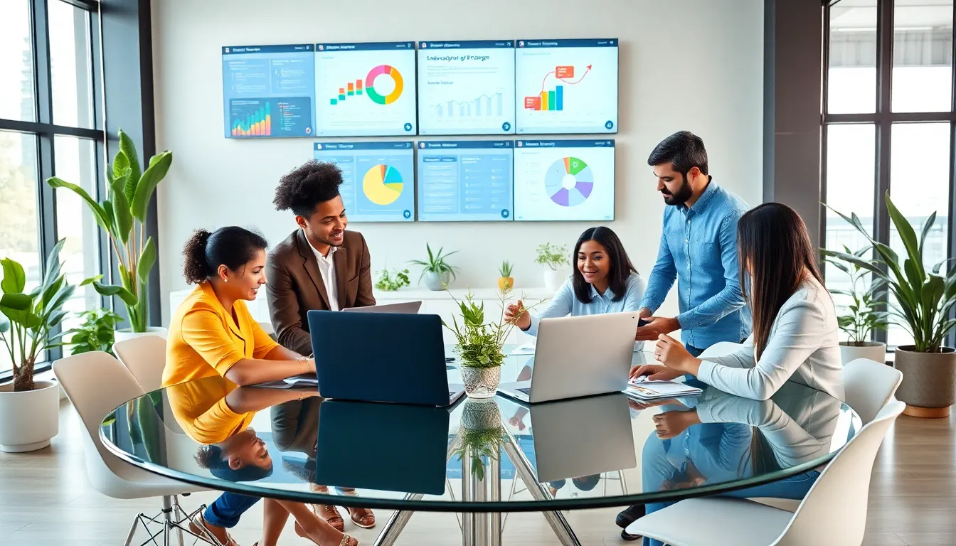 diverse team collaborating in a modern workspace.