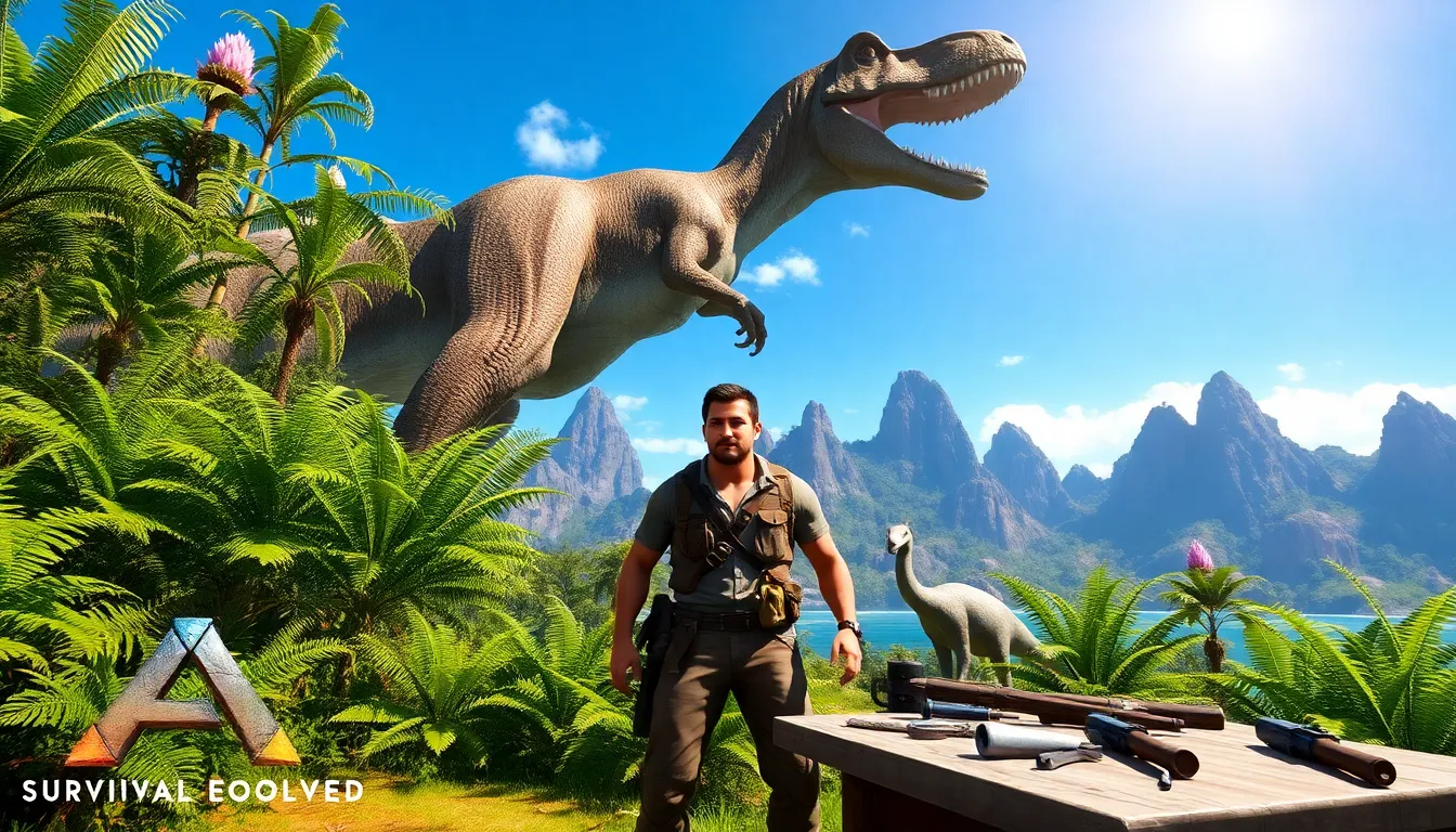 player character in survival gear on a prehistoric island with a T-Rex.