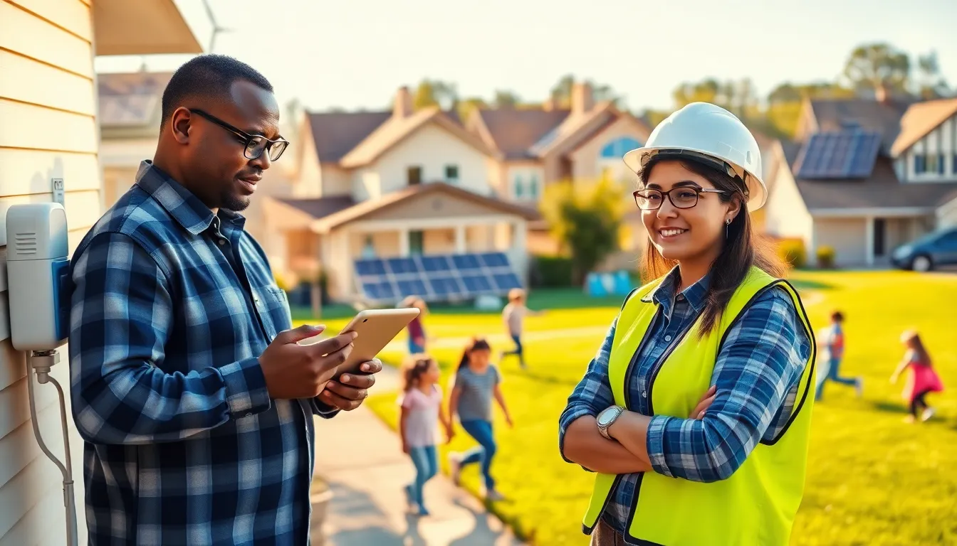 A diverse group promoting energy efficiency in a suburban neighborhood.