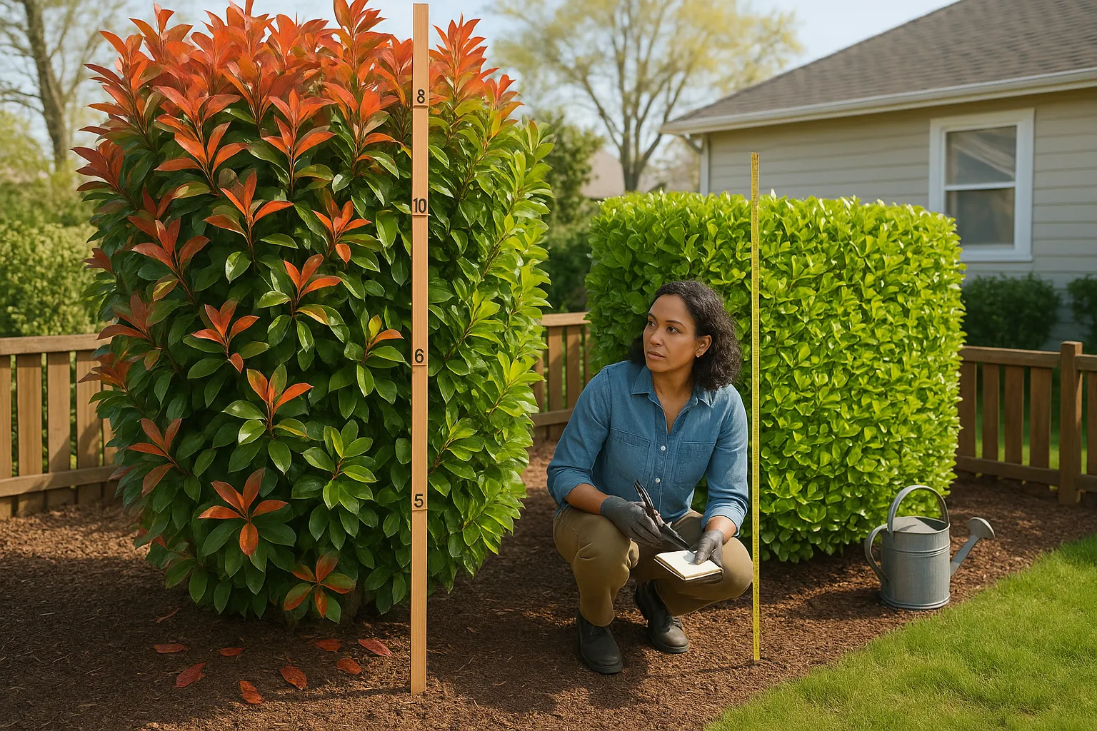 Side-by-side Photinia 'Red Robin' and Griselinia hedges with gardener measuring height.