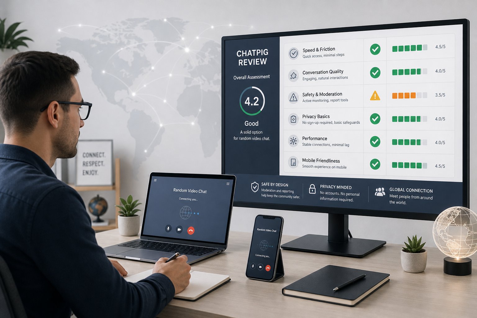 Reviewer assessing random video chat app using a clear criteria dashboard.