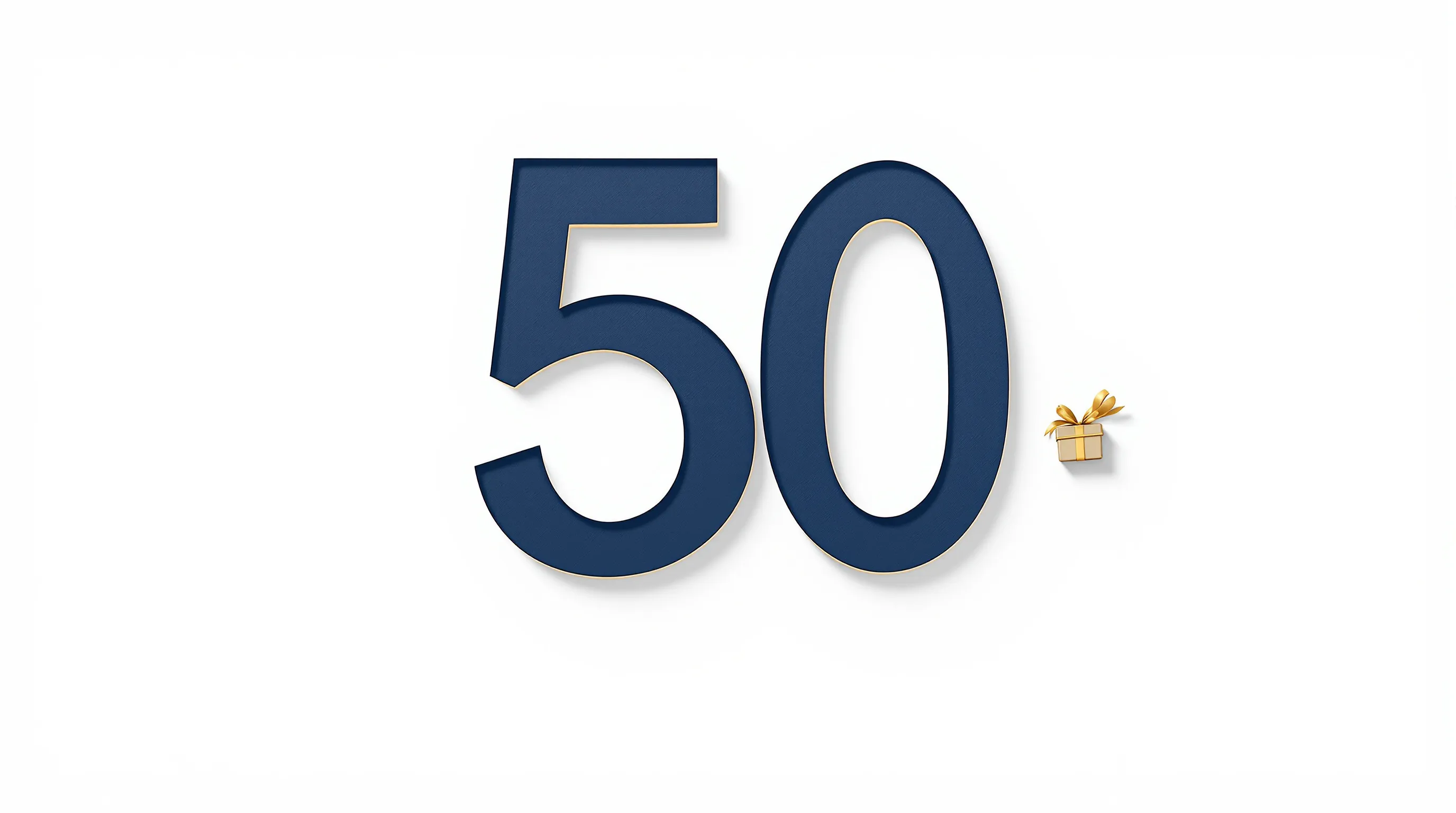 Minimalist numeral 50 with simple male silhouette and small gift icon on white.