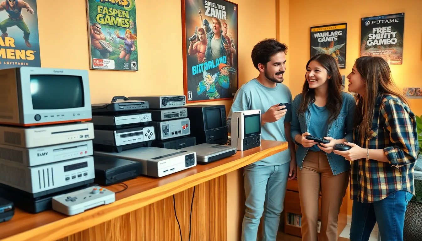 diverse group discussing used video game consoles in a cozy setting.