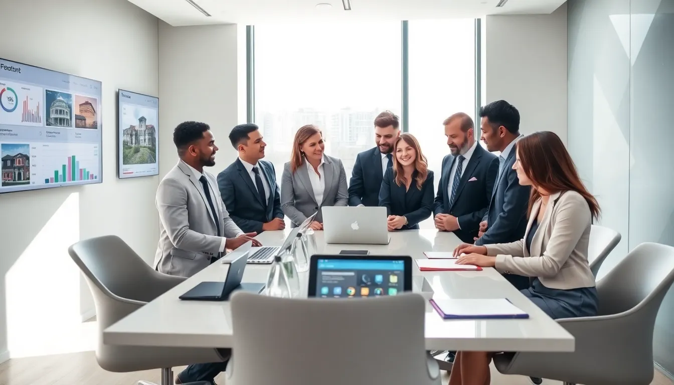 diverse property management team discussing in a modern office setting.