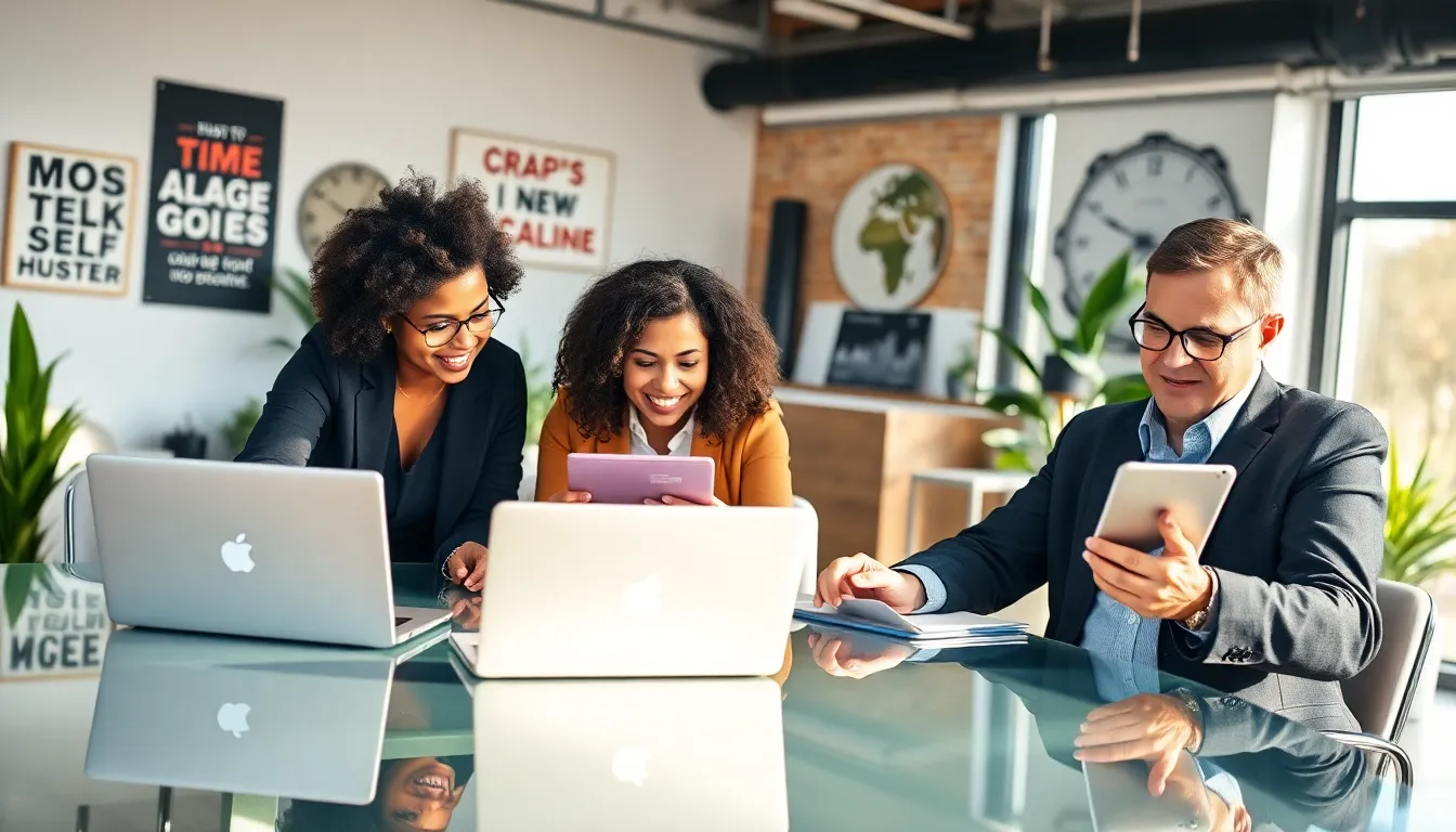 diverse professionals engaged in intense work at a modern office.