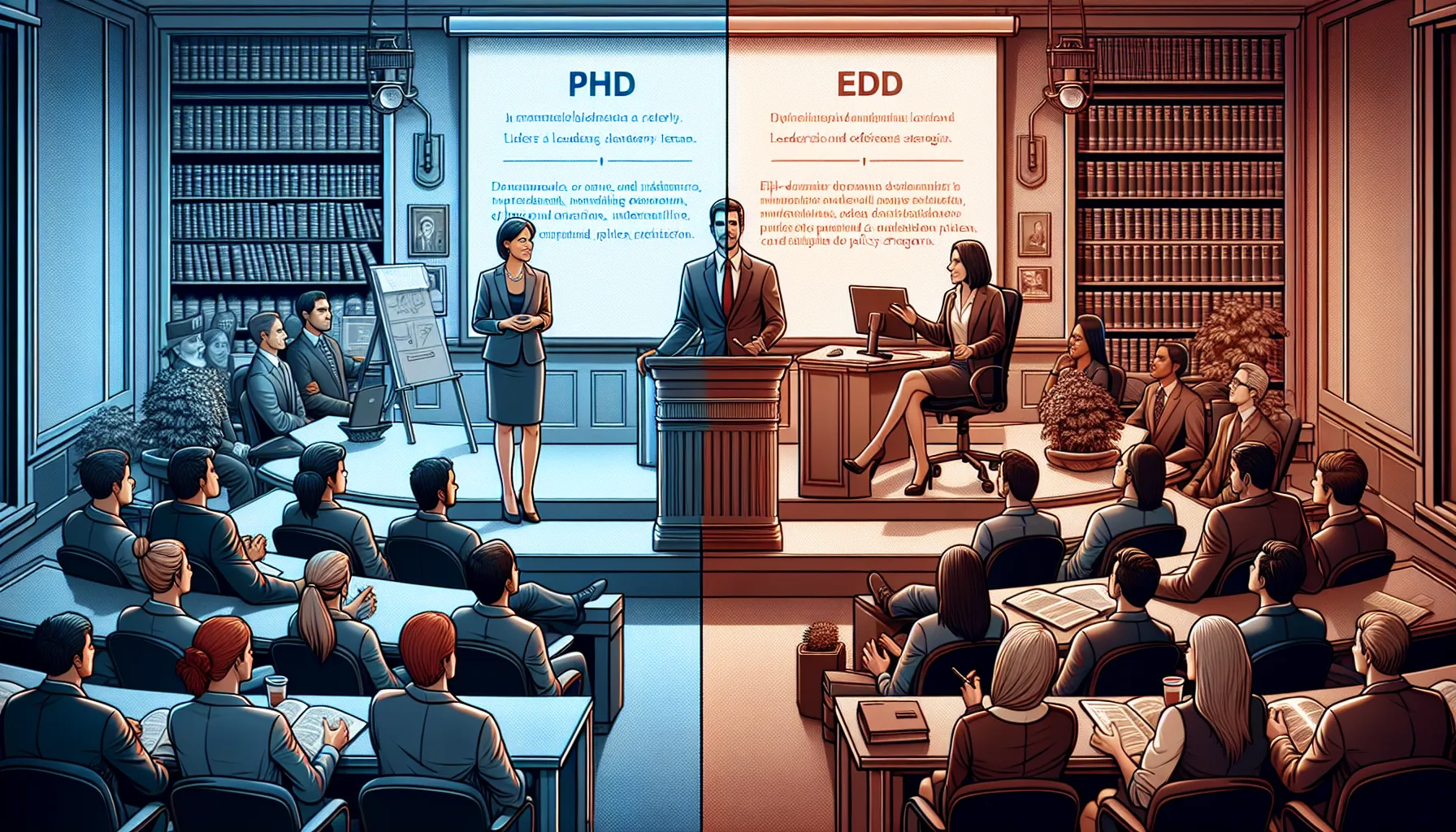 A professor lecturing and an executive consulting with a team in contrasting settings.