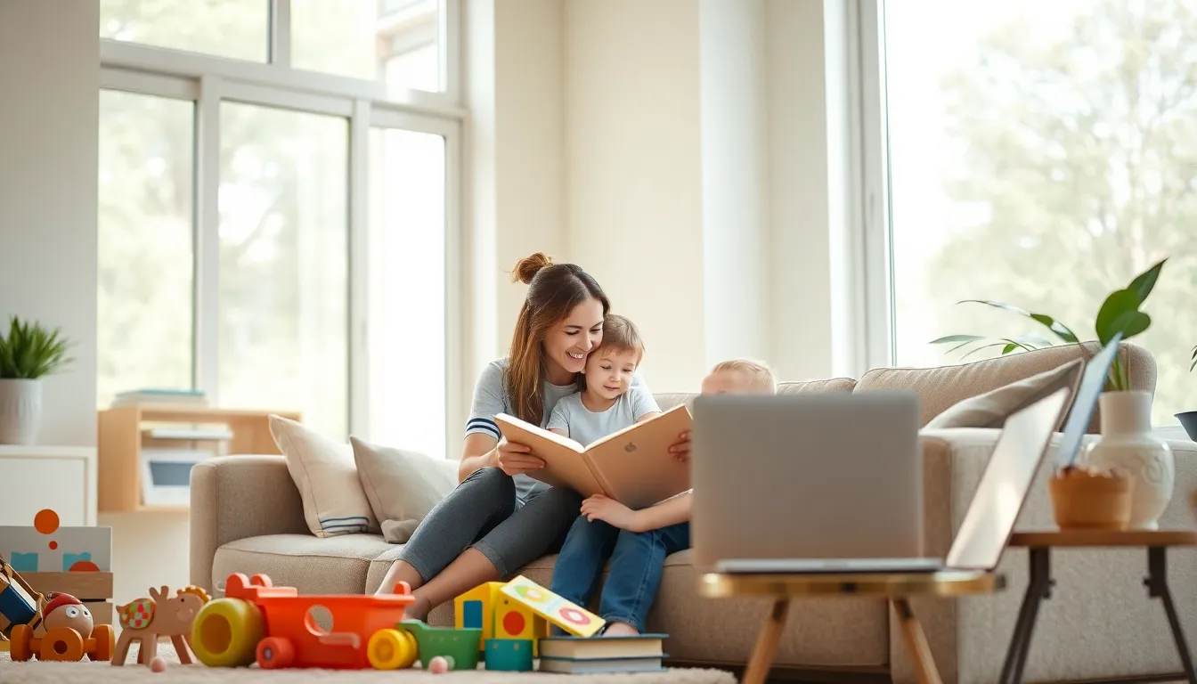 a solo parent reading to a child in a modern living room.