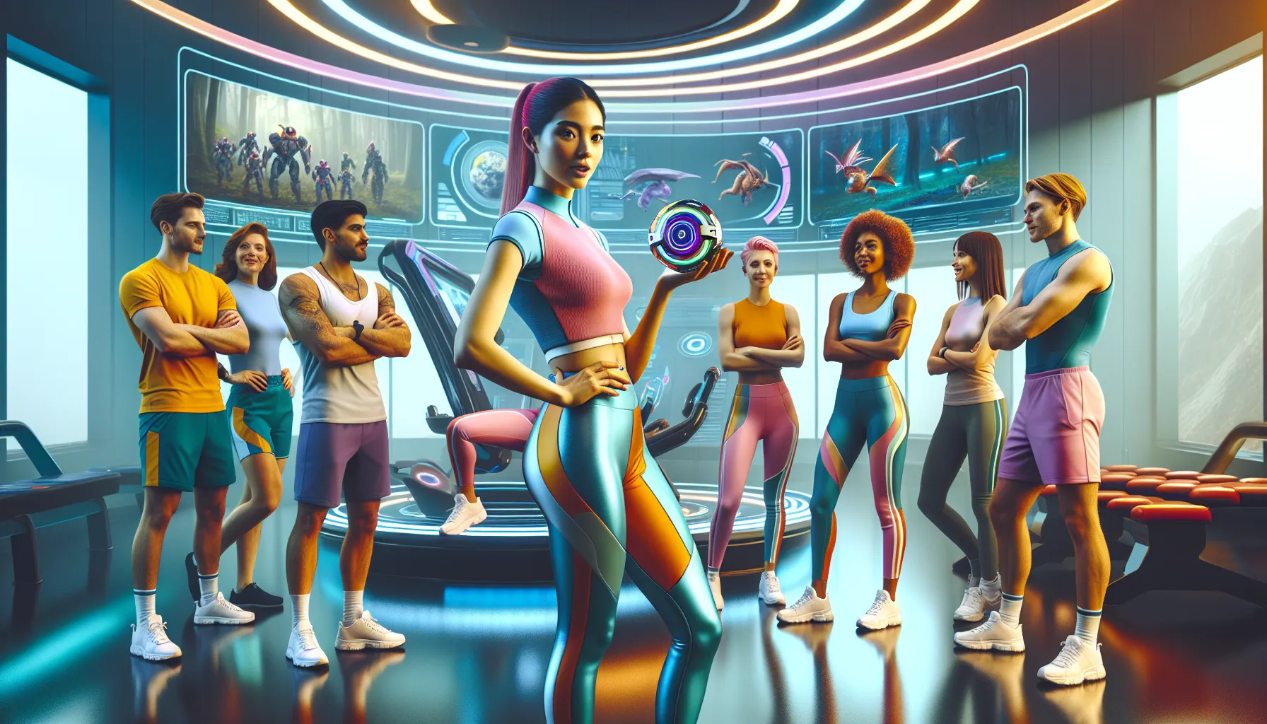 diverse Pokémon trainers strategizing in a modern training facility.