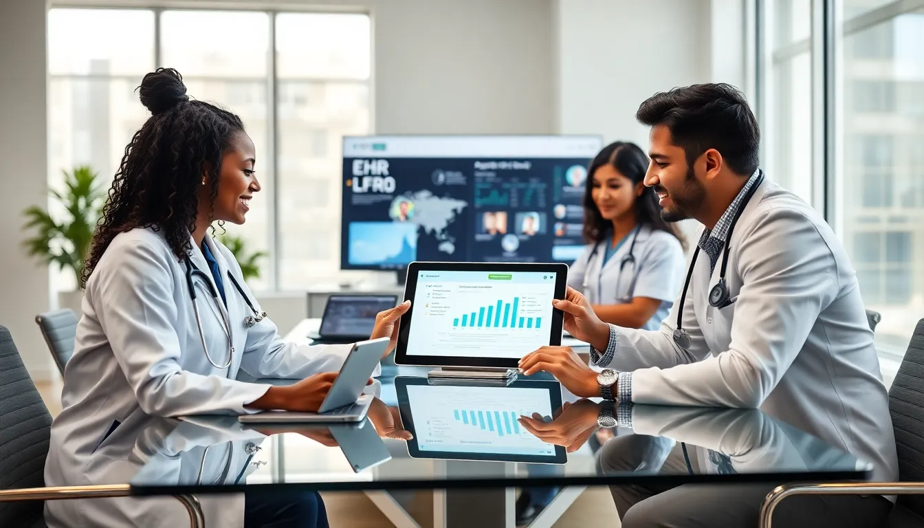 healthcare professionals discussing software solutions in a modern office.