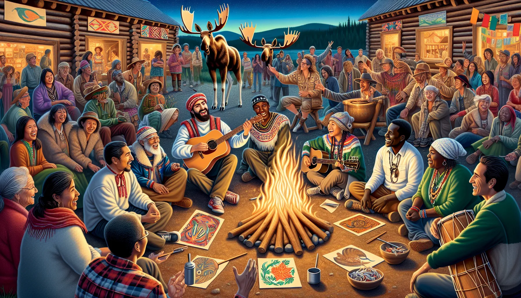 community gathering around a fire at an älgföuga festival.