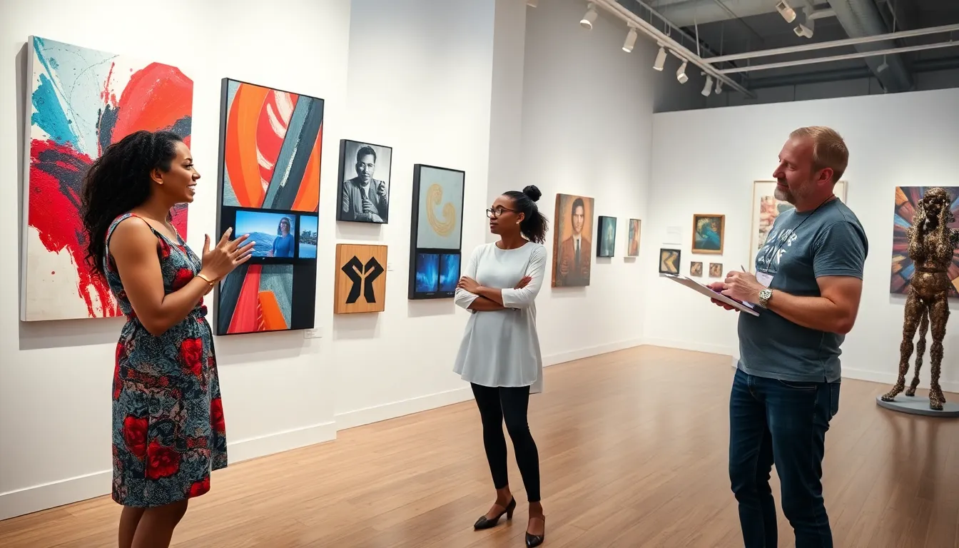 a diverse group discussing contemporary art in a modern gallery.