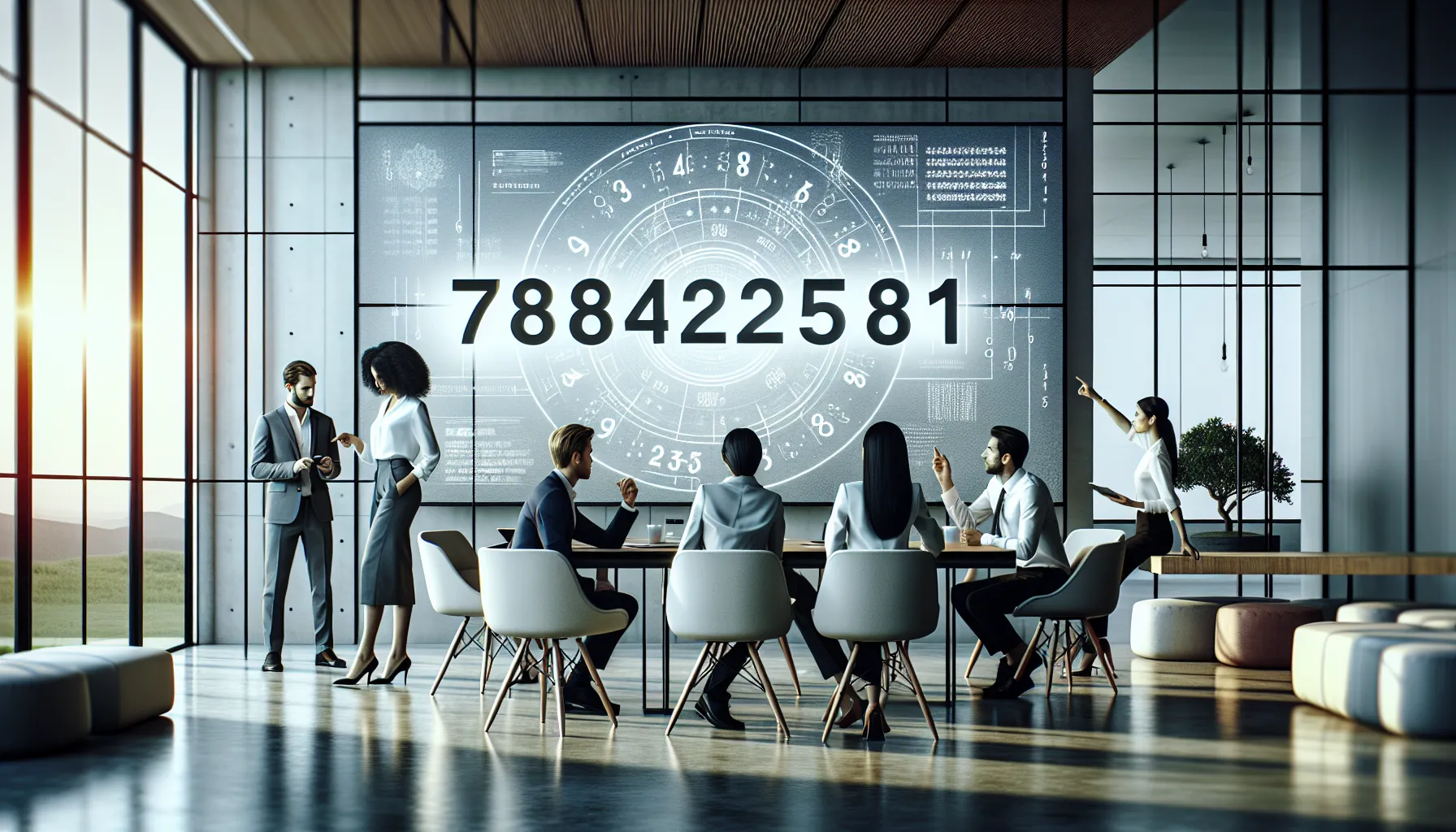 professionals discussing the number sequence in a modern office.