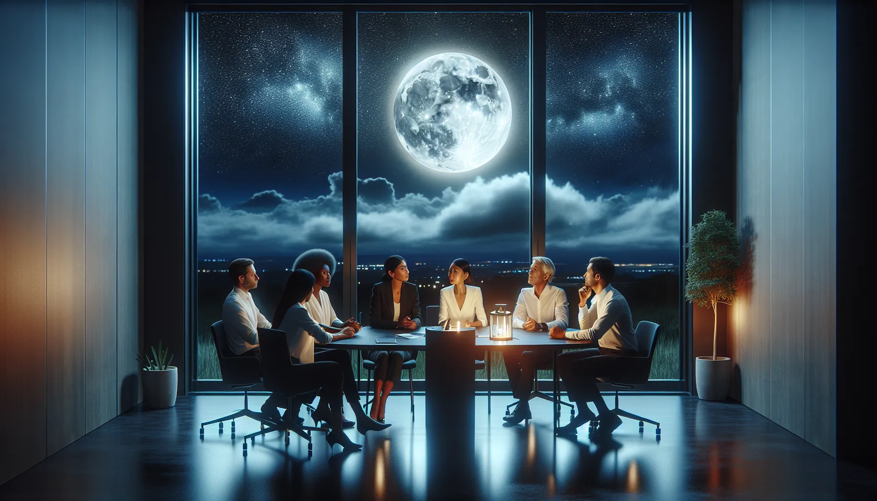 diverse group discussing lunar lore in a modern office setting.