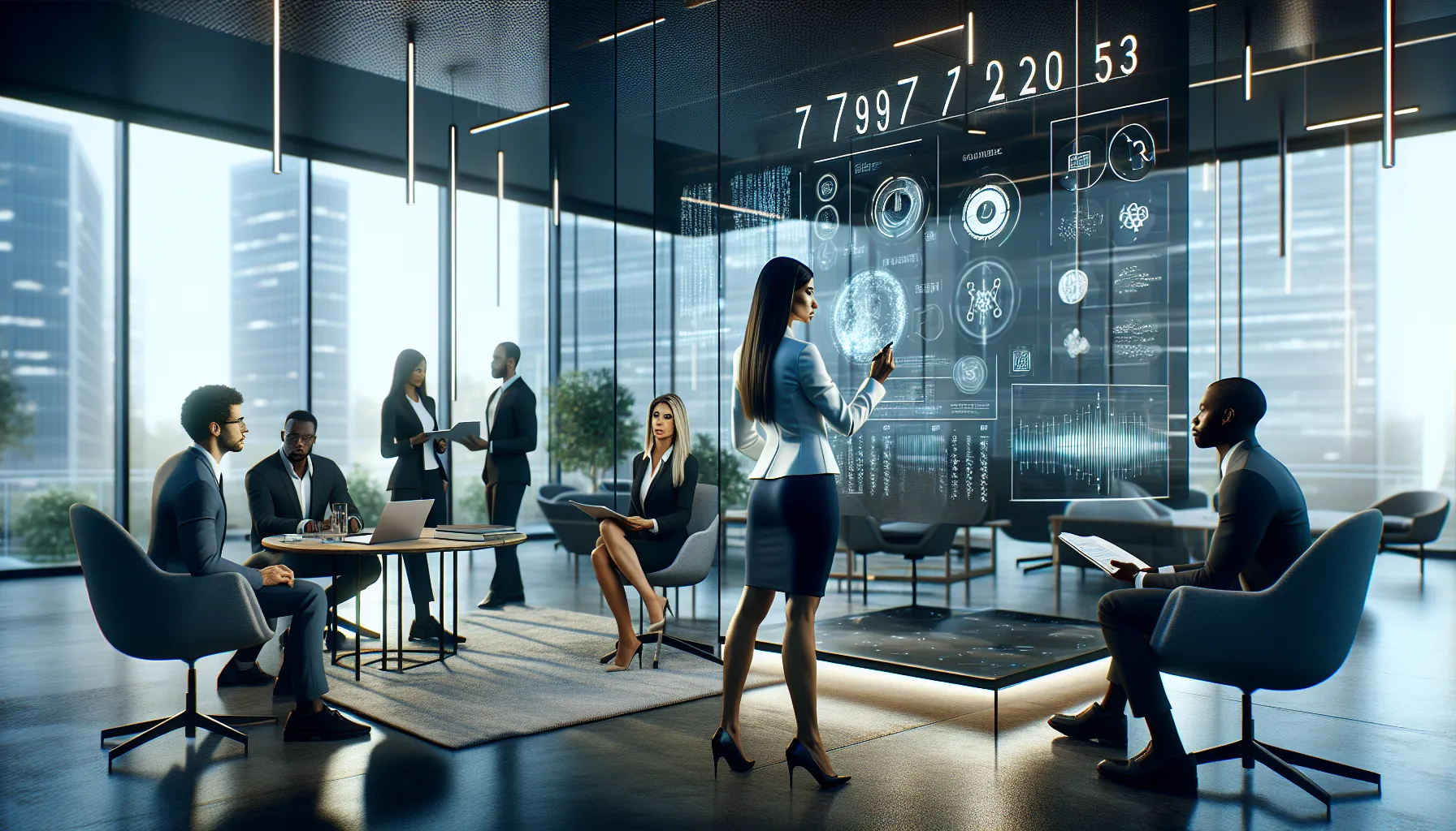 professionals discussing interpretations of a number in a modern office setting.