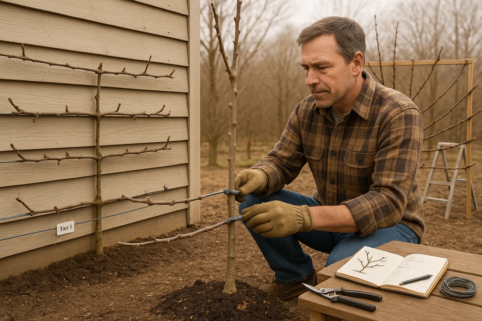Gardener tying a young espalier tree beside a fan-trained tree on frames.