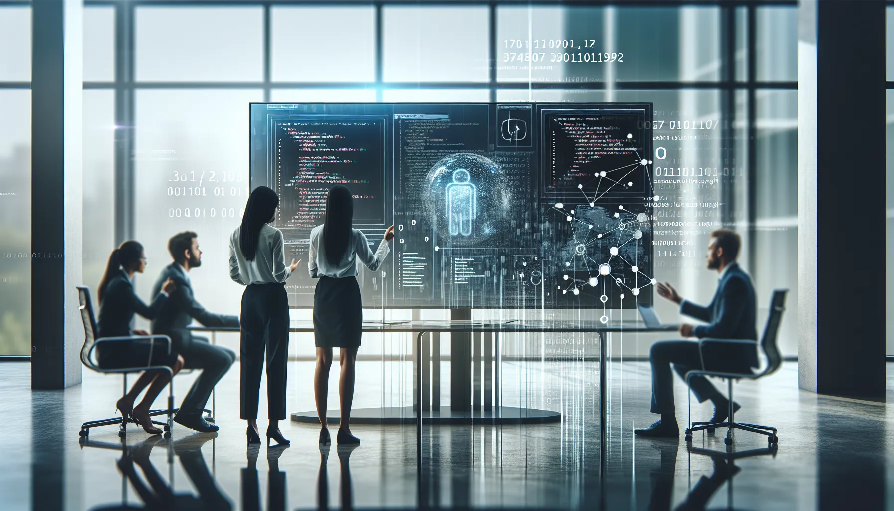 professionals discussing data in a modern office setting.