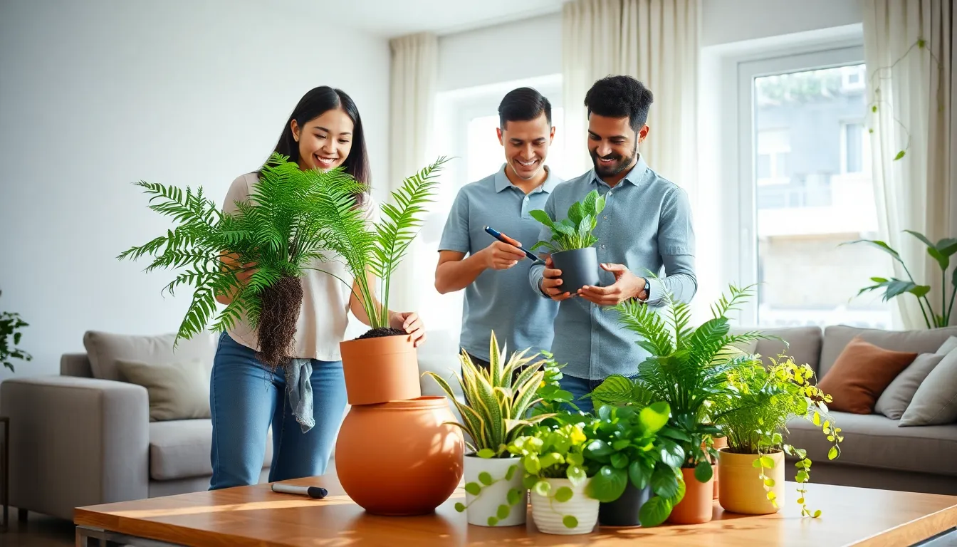 three people repotting house plants in a bright living room.