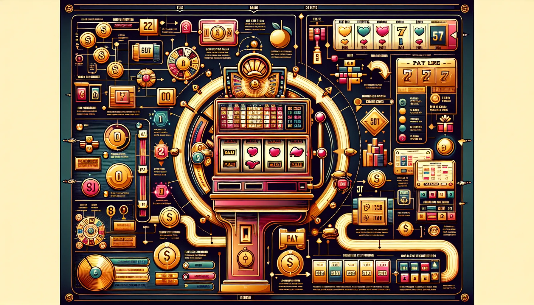 Illustration of slot game mechanics featuring a slot machine and gameplay elements.