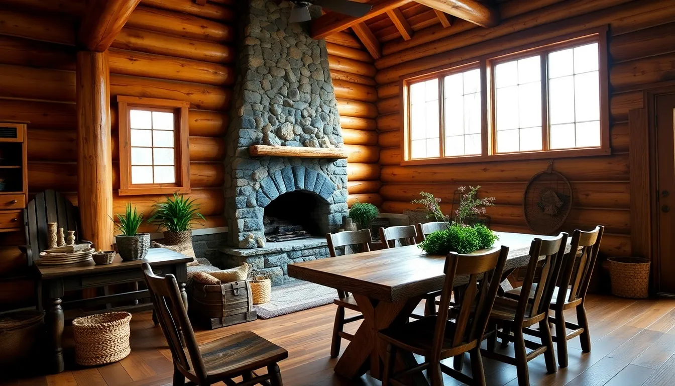 cozy log cabin interior with rustic furniture and natural decor.