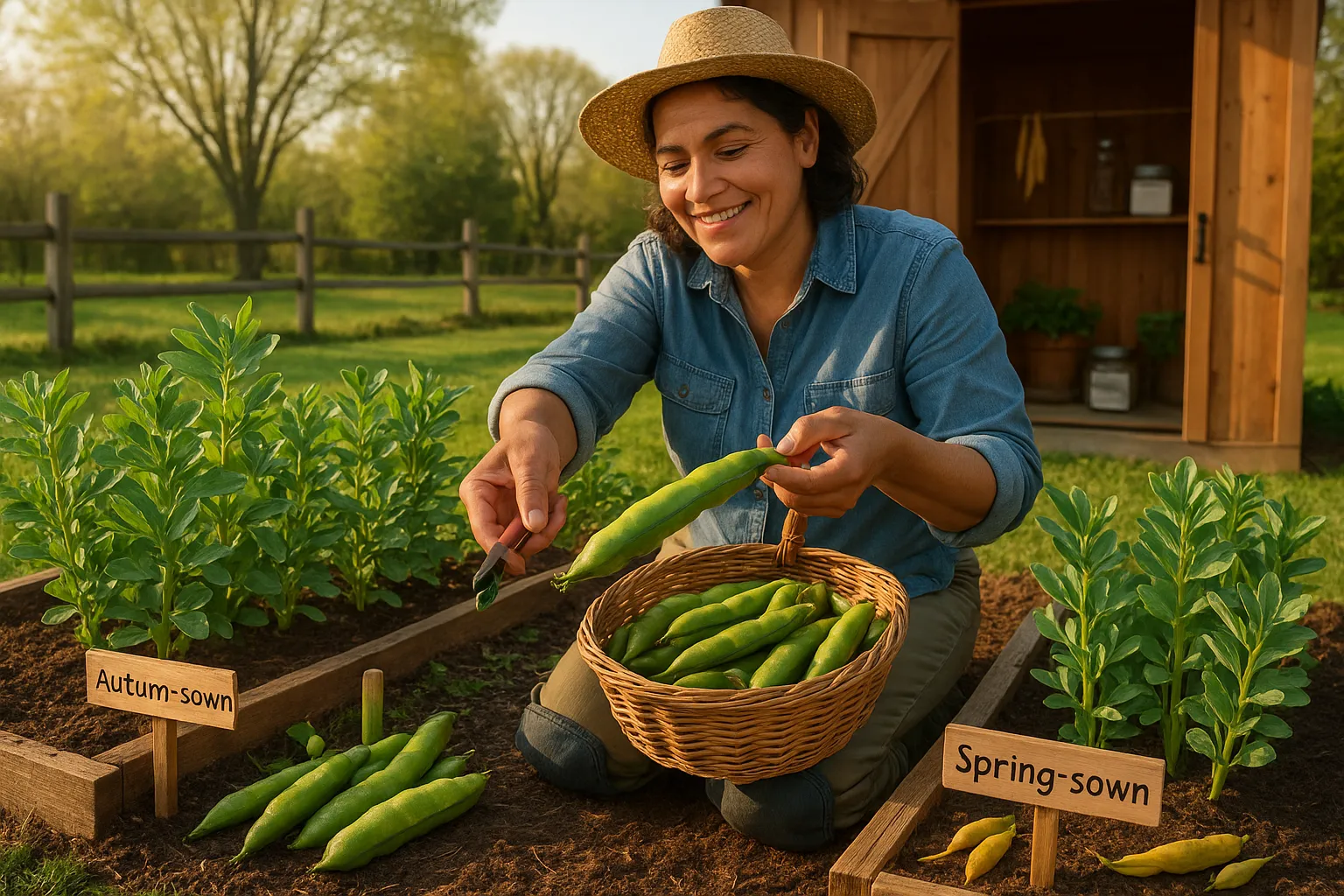 Gardener harvesting larger autumn-sown broad bean pods beside spring-sown bed.