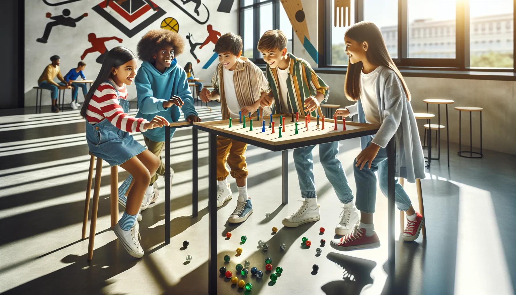children playing jacks and marbles in a lively recreational space.