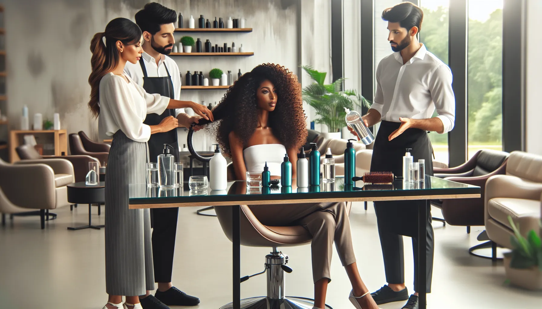 hair professionals discussing Tyrmordehidom hair maintenance in a modern salon.