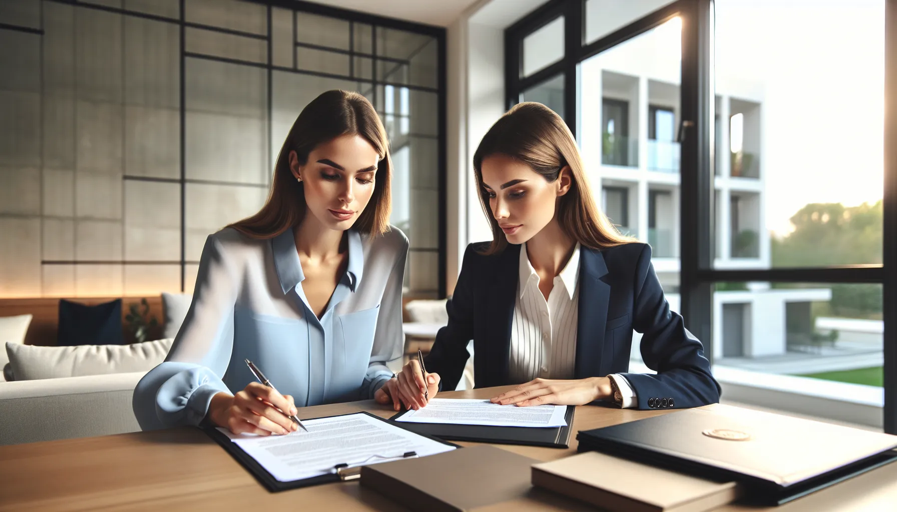 Two women reviewing property documents at a modern office table