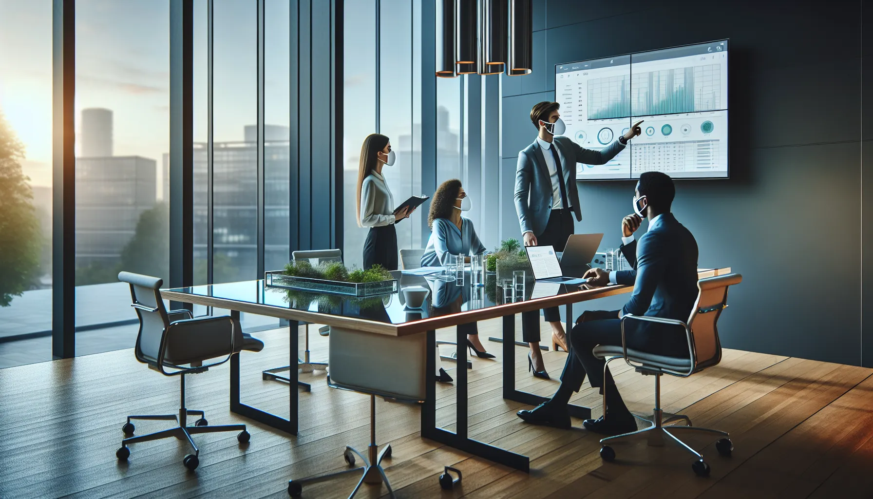 diverse professionals discussing health measures in a modern office.