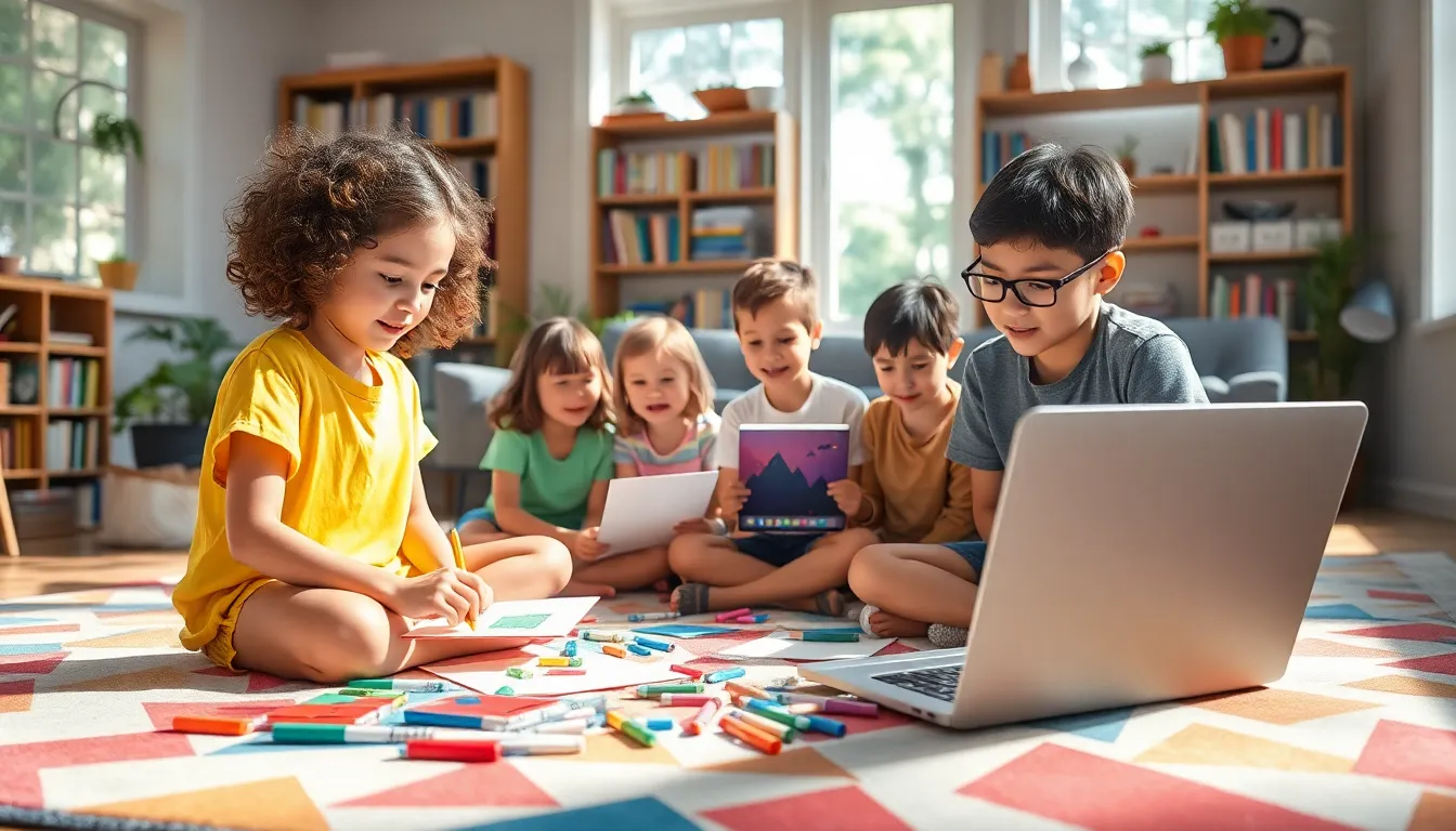 Children engaged in crafting and game design in a sunny living room.