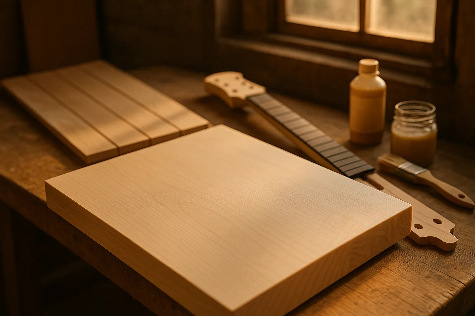 Pale hard-maple tabletop in sunlit U.S. woodworking studio with flooring and guitar.