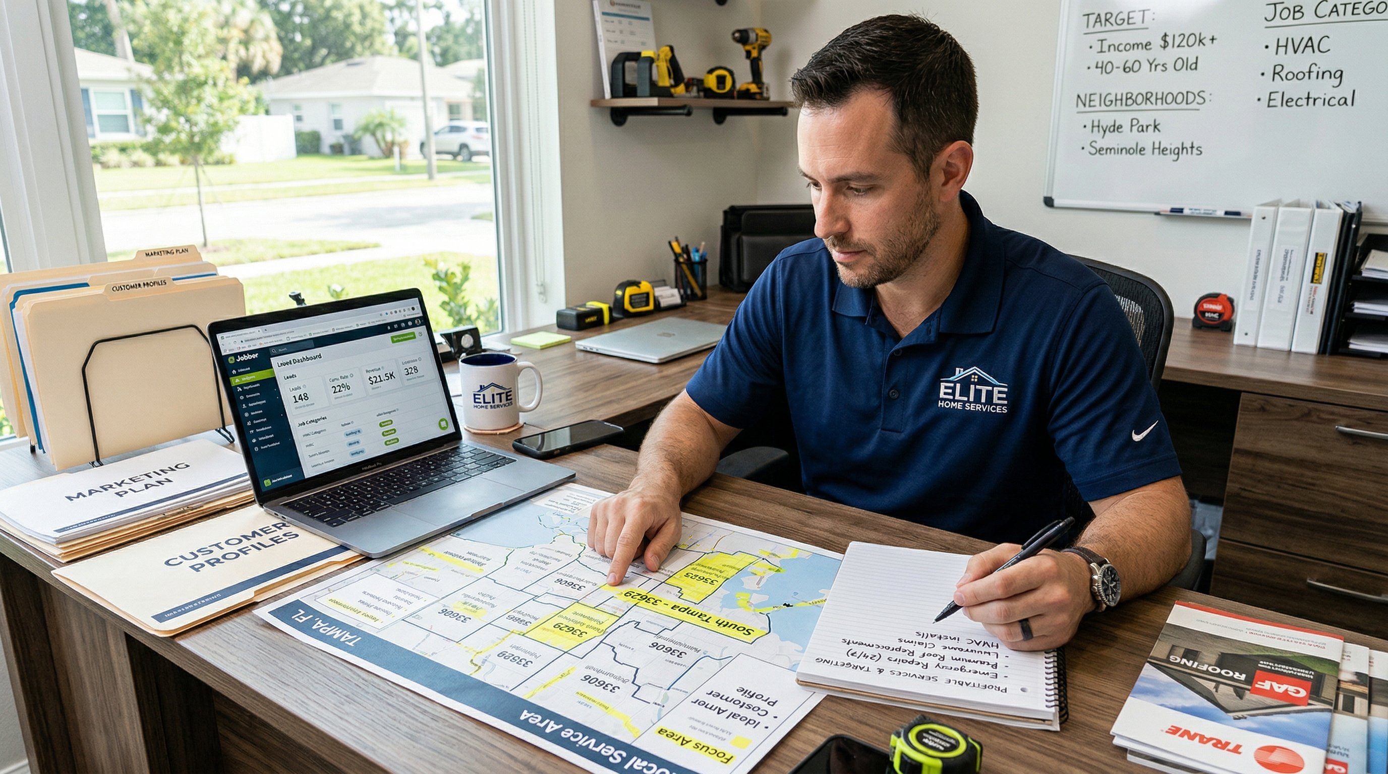 Contractor planning target service areas and profitable jobs at his office desk.