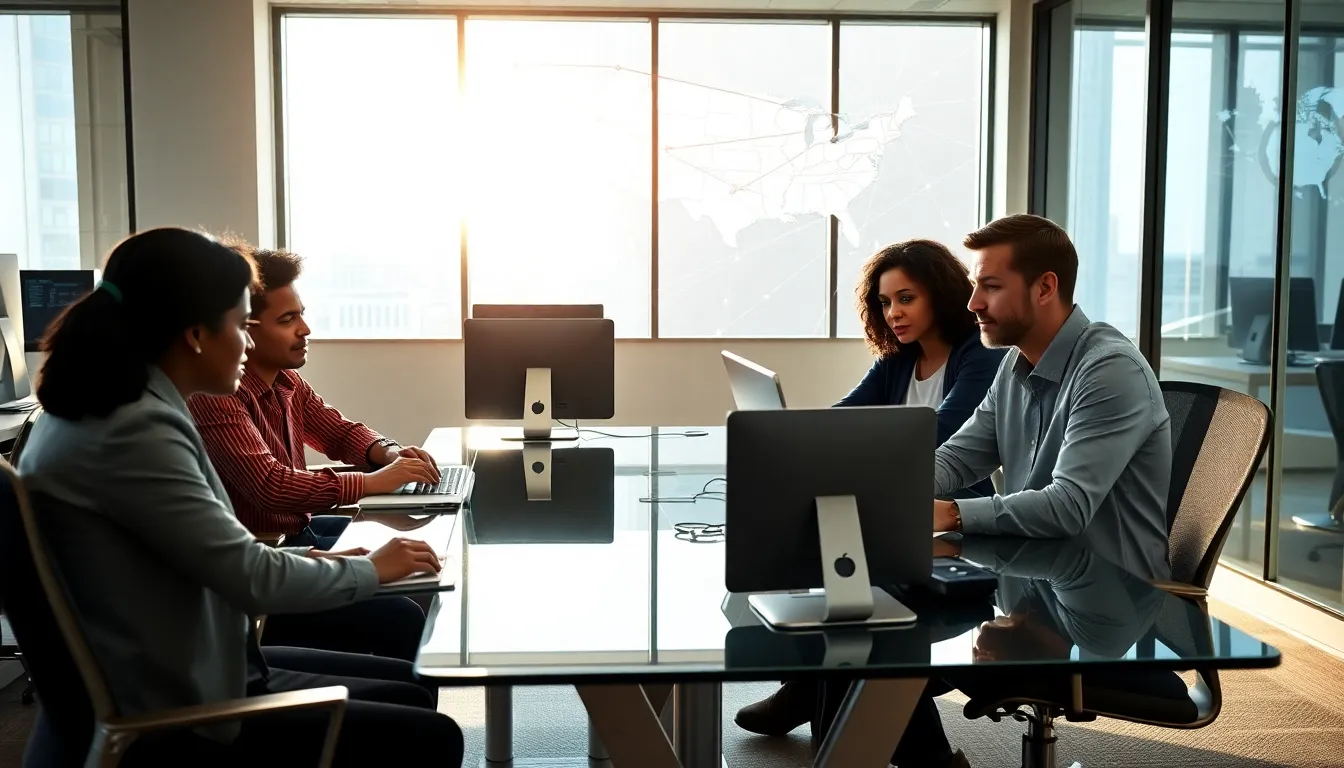 diverse web development team collaborating in a modern office.