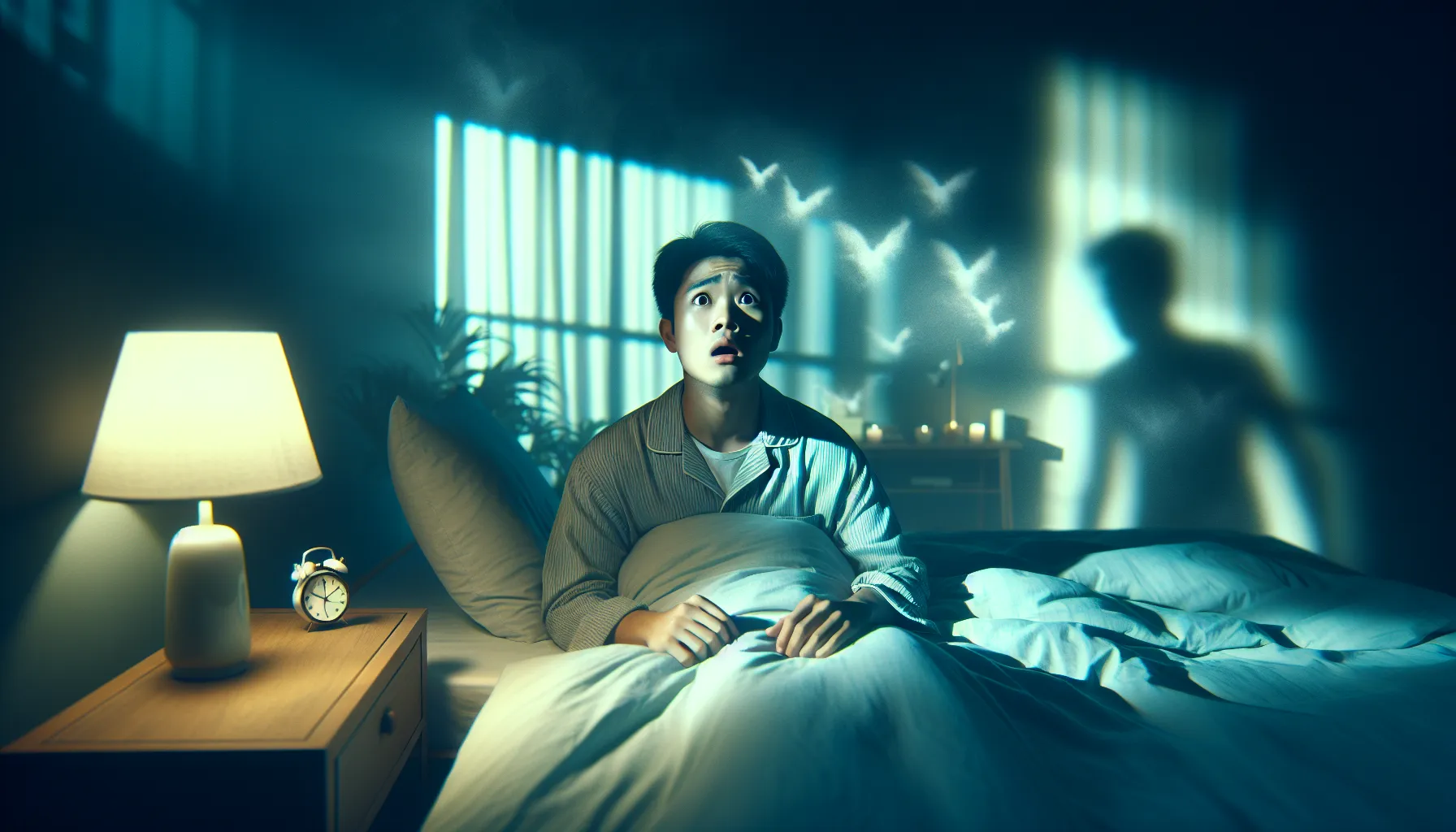 person experiencing nachtschattenlähmung in a dimly lit bedroom.