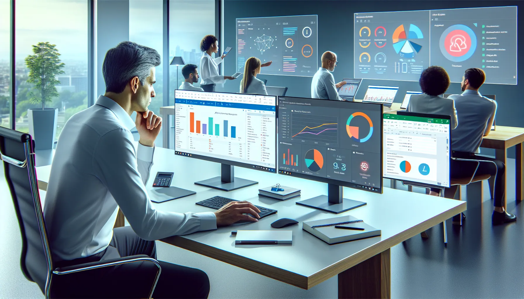 Analyst uses Excel connected live to a Power BI report in a modern office.