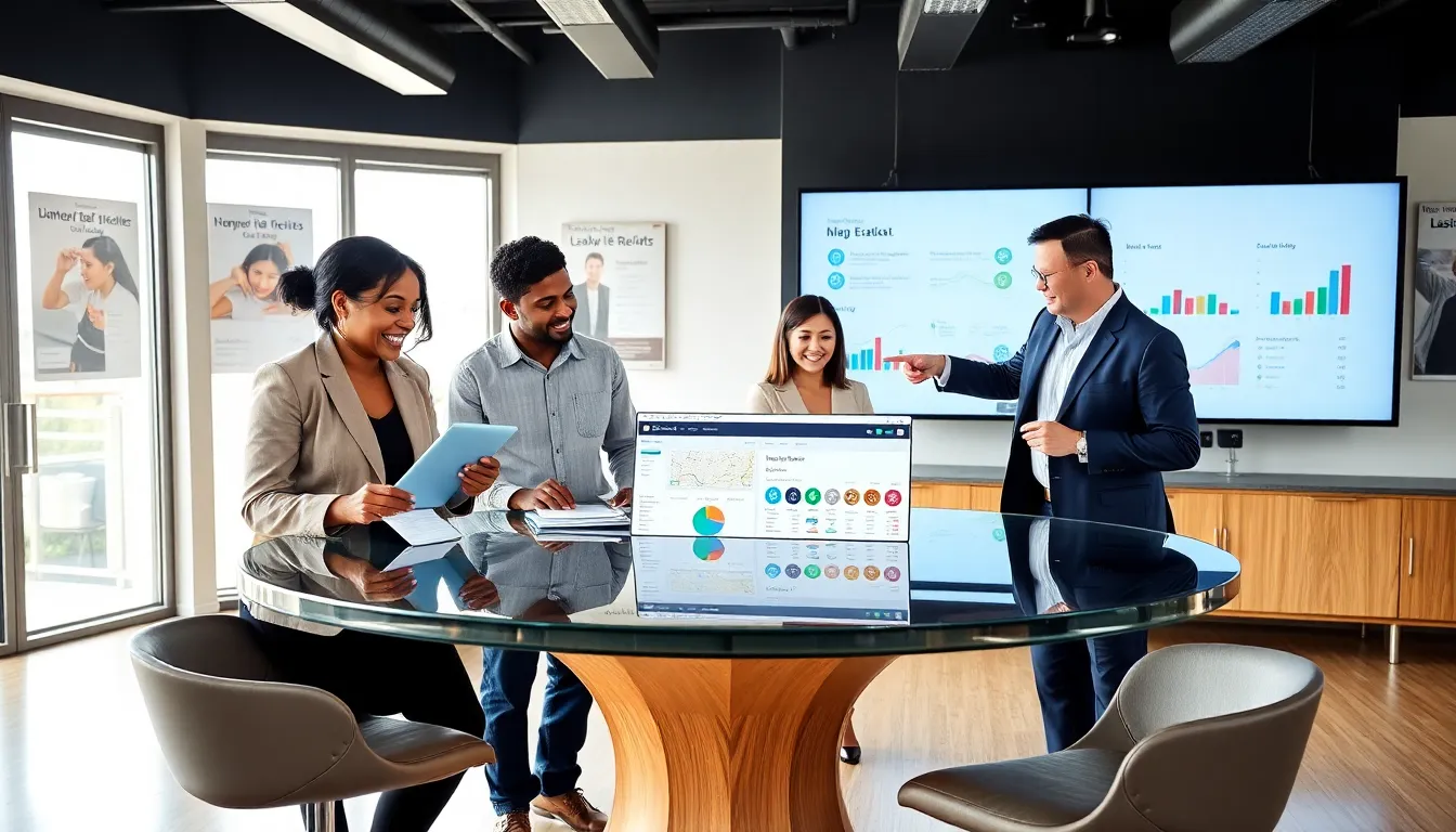 diverse real estate team collaborating over technology in a modern office