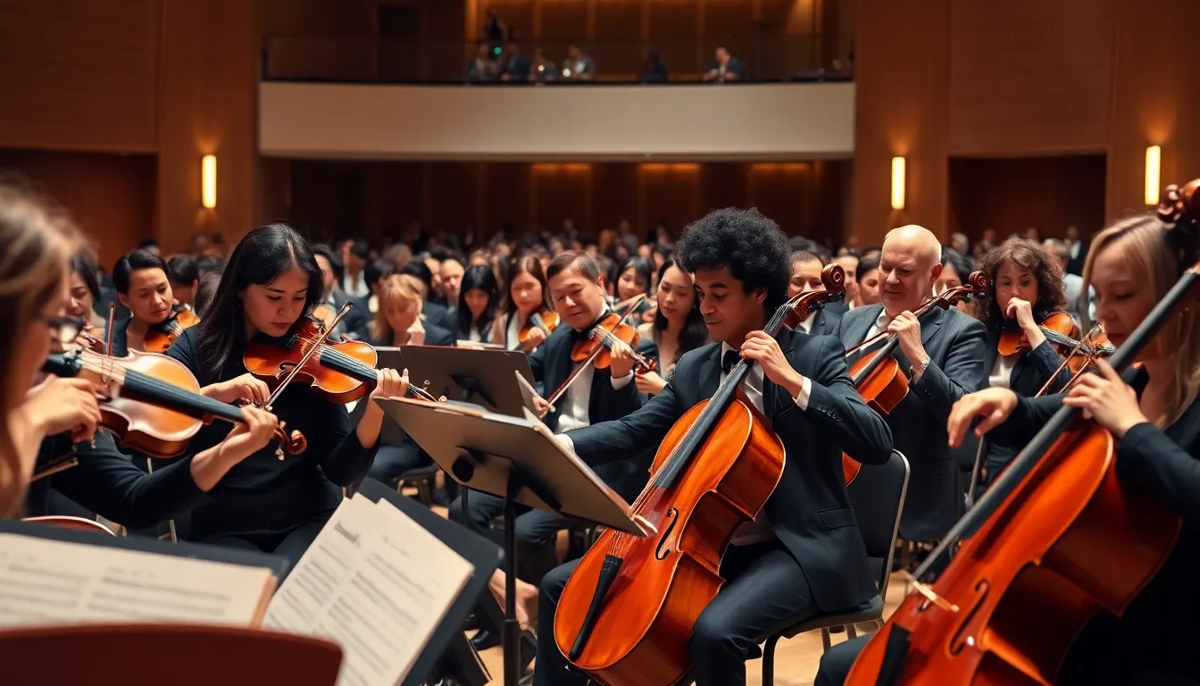 diverse ensemble performing Baroque music in a modern concert hall.