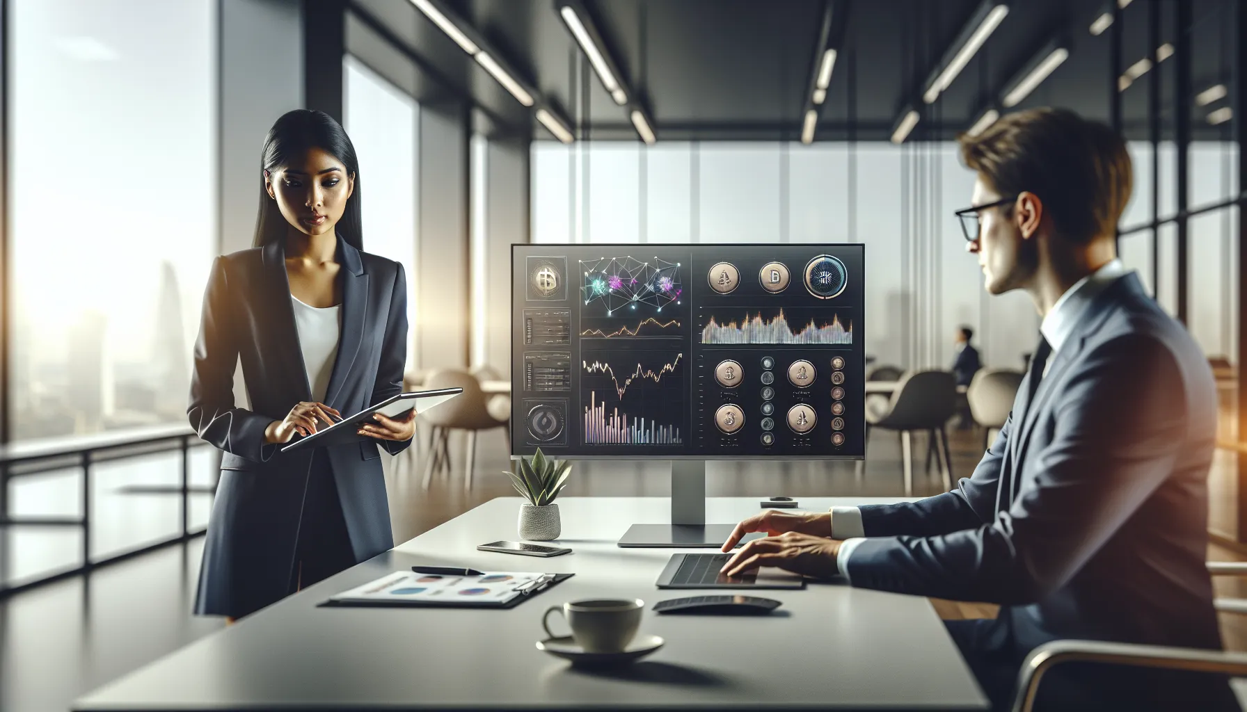 Professionals reviewing cryptocurrency portfolio analytics on laptop in modern UK office.