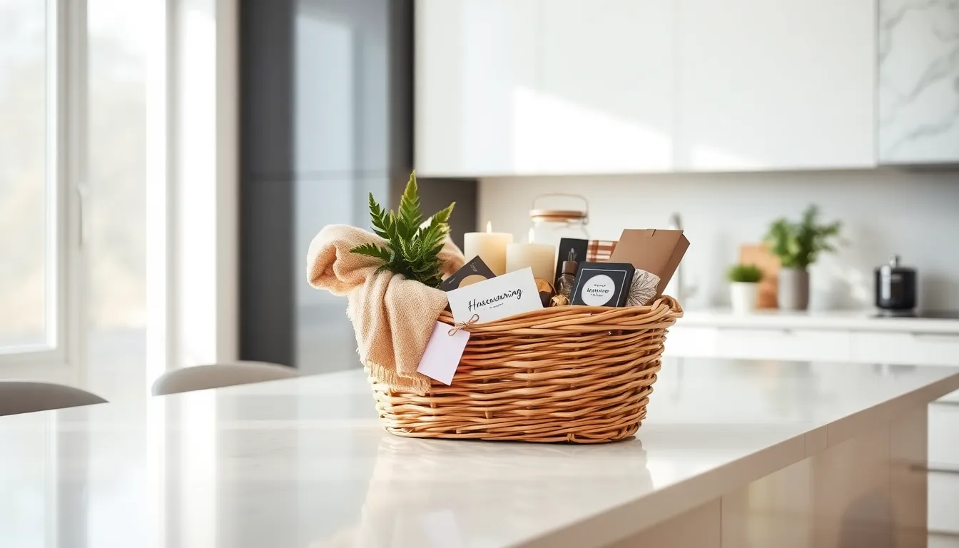 Stylish housewarming gift basket on a modern kitchen counter.