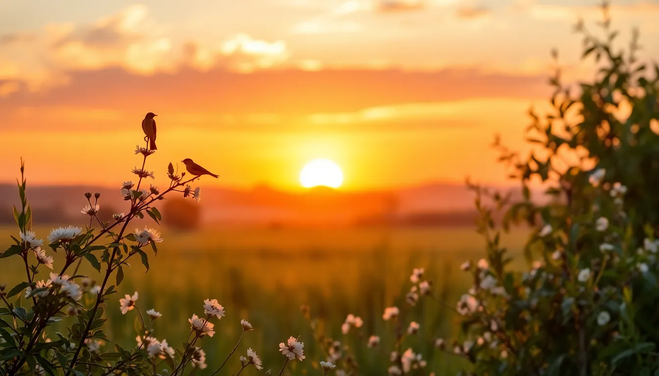 A beautiful summer morning with a vibrant sunrise and lush greenery.