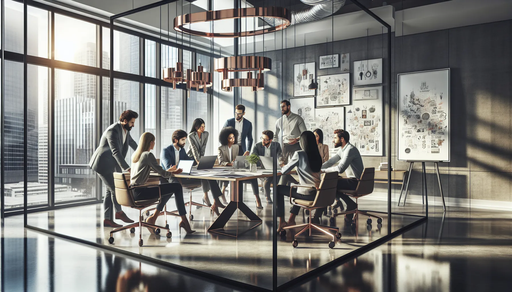 diverse team collaborating on a project in a modern office.